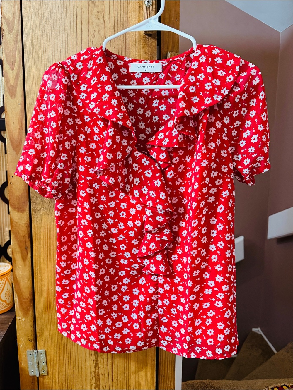 Commense Red Floral Ruffle Short-Sleeve Blouse